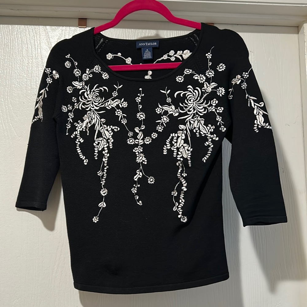 Ladies black 3/4 length sleeve sweater with embroidery by Ann Taylor